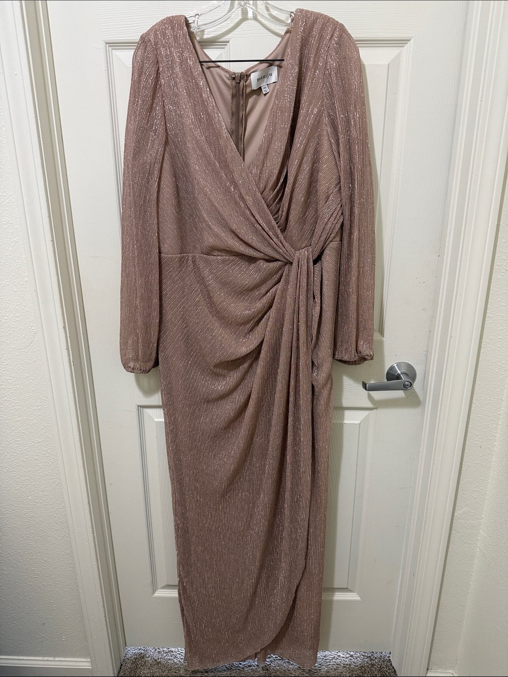 MANIJU 1XL Tan with metallic silver maxi evening dress.